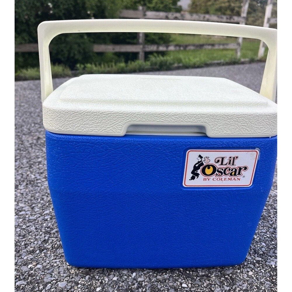 Vintage 1983 Coleman Lil' Oscar Cooler Lunch Box 5272 Blue w/White Cupholder Lid